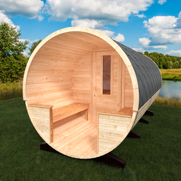 Fasssauna / Gartensauna / Banja / Round 4,0 m mit Balkon